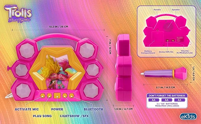 eKids Trolls Band Together Karaoke Microphone with Bluetooth Speaker for Fans of Trolls Toys, Kids Karaoke Machine with Built in Music