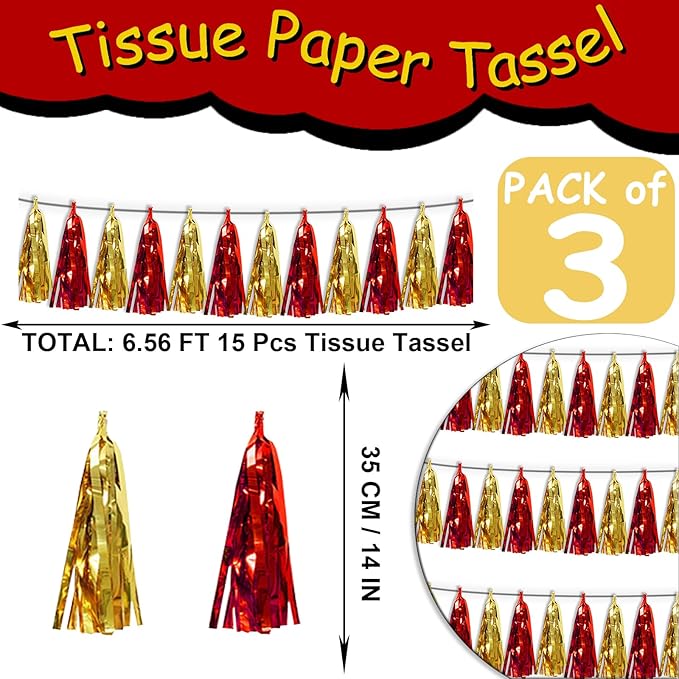 3P Red Gold Metallic Fringe Banner Garland Foil Tinsel Streamer Wall Hanging Curtain Backdrop Banners for Parade Floats Graduation Halloween, Christmas, Baby Bridal Shower Party Decorations