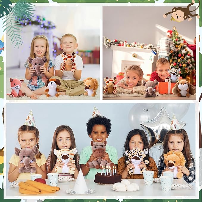 Skylety 12pcs Mini Safari Stuff Animal 3.9 Inch Cute Jungle Stuffed Animal Lion Rabbit Owl Hedgehog Monkey Tiger Zebra Elephant Leopard Hippopotamus Rhinoceros for Easter Holiday Gifts