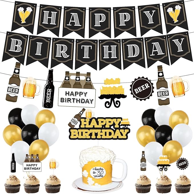 Beer Birthday Party Decorations, Cheers and Beers Happy Birthday Party Banner Balloons Decorations Aged to Perfection Party Supplies for Men 30th 40th 50th Beer Birthdays Party Decorations