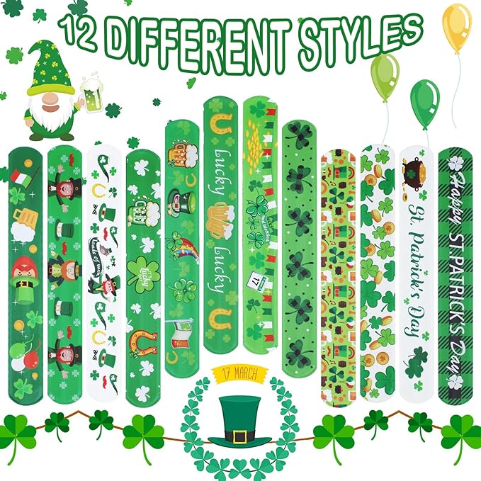 St. Patrick's Slap Bracelets for Kids 36PCS Bulk Shamrock Snap Bracelets St Patricks Day Party Favors Goodie Bag Stuffers Supplies St Patricks Day Accessories Treats Green Irish Gifts Toys for Kids