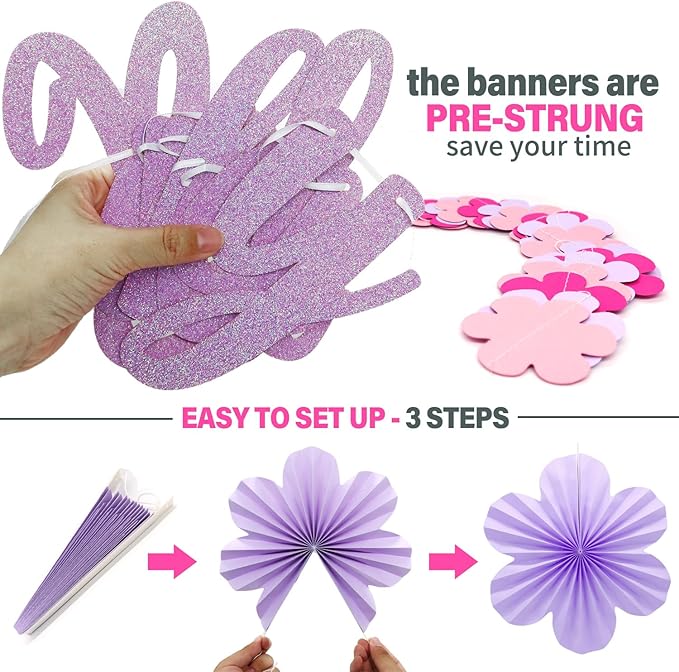 Butterfly Birthday Decorations Party Supplies with Pre-strung Happy Birthday Banner,Flower Garland,Cake Cupcake Toppers,Hanging Swirls, Paper Fan Spring-themed Decor Pack for Women Girls