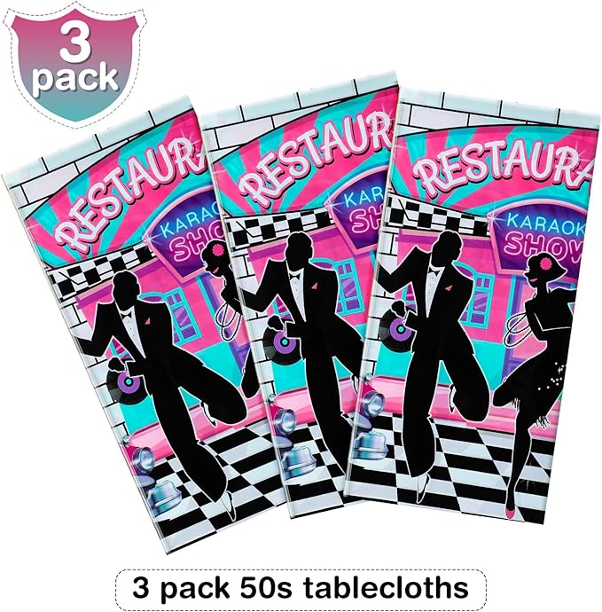 Tiamon 3 Pcs 50s Tablecloth 50's Gifts Decorations Rock and Roll Party Table Cover Large 1950's Plastic Tablecloth Back to 50's Rocking Party Supplies for Music Birthday Anniversary