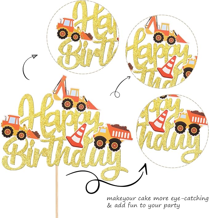 1 PCS Construction Happy Birthday Cake Topper Glitter Dump Truck Excavator Tractor Construction Cake Pick for Construction Theme Baby Shower Birthday Party Cake Decorations Supplies Gold