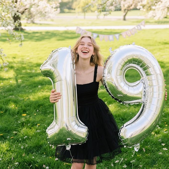 40 Inch Silver Number 19 Digital Balloon,Jumbo Mylar Foil Helium Balloon for 19 Balloons for Birthday Party,Wedding Anniversary Party Decorations