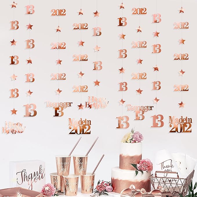 12PCS Rose Gold 13th Birthday Decorations Number 13 and 2012 Star Garland Streamer Banner Backdrop for Girls Cheers to 13 Years Birthday Vintage Made in 2012 Official Teenager Party Decor Supplies