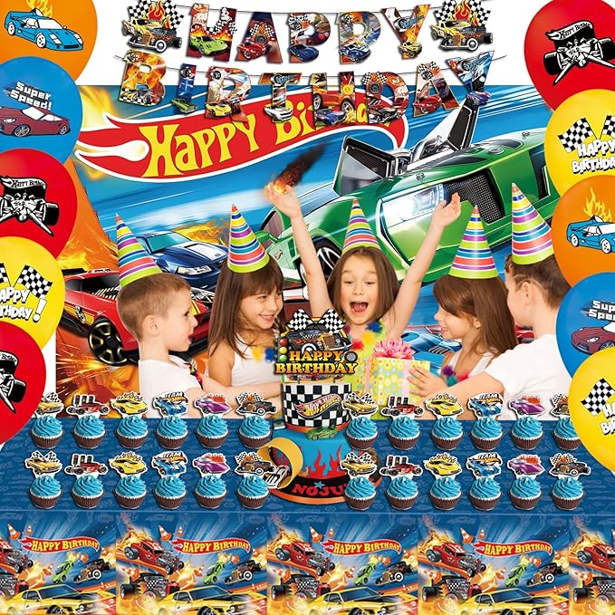 122 Pcs Hot Car Birthday Party Supplies,Included Banner,Backdrop,Tablecloth,Cake Topper,Cupcake Toppers,Balloon,Racing Car Tableware Set for Boy and Girl Wheel Party Decorations