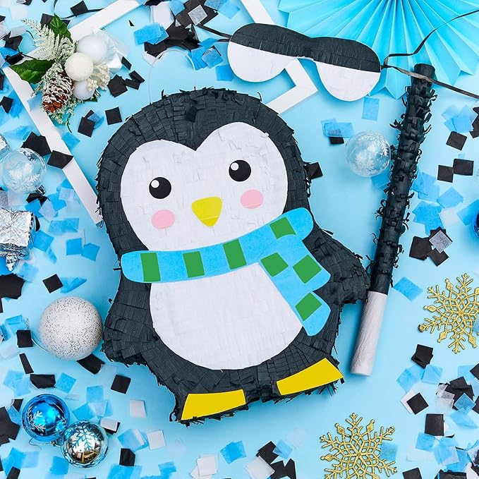Lewtemi 15.1 Inch Penguin Piñata Penguin Party Supplies Candy Animal Piñata with Stick Confetti and Blindfold Gift for Boy Girl Adult Winter Theme Birthday Party Supplies Decorations (Classic)
