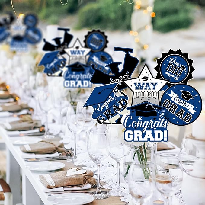 24Pcs Graduation Party Decorations Class of 2026, Graduation Centerpieces for Tables, 2026 Congrats Grad Party Centerpiece Stick Table Toppers for Graduation Party Supplies (Blue)