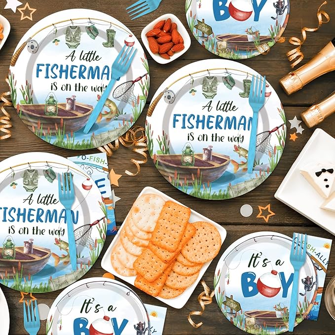 96PCS Fishing Baby Shower Plates and Napkins Party Supplies Fishing Baby Shower Decorations A Little Fisherman is on the Way Gone Fish Party Decorations Disposable Tableware Set Serve 24 Guests