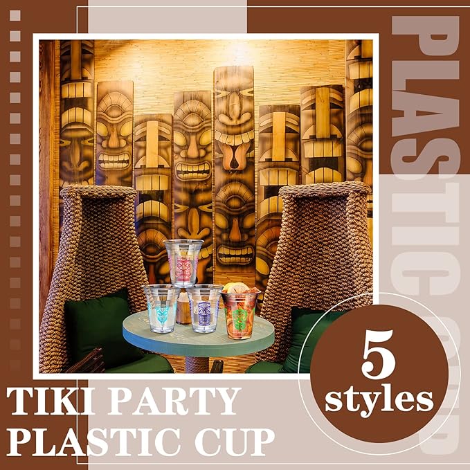 Pinkunn100 Pcs Tiki Plastic Cups Bulk Clear Plastic Mug Cups 16OZ Themed Luau Mug Hawaiian Party Drinking Tumblers for Hawaiian Party Supplies(Tiki)