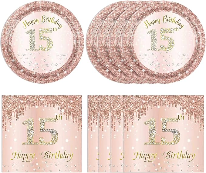 15th Birthday Decorations for Girls,15th Birthday Plates and Napkins,Rose Gold 15 Year Old Birthday Tableware 15 Party Table Decorations Supplies,Disposable 7'' Paper Plates, Napkins for Teen Party
