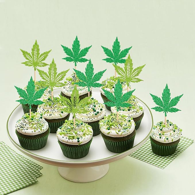 Ercadio 24 Pcs Green Glitter Marijuana Cupcake Toppers Have a Dope Birthday Cake Topper Cake Decorations for Men Women Marijuana Them Party Supplies