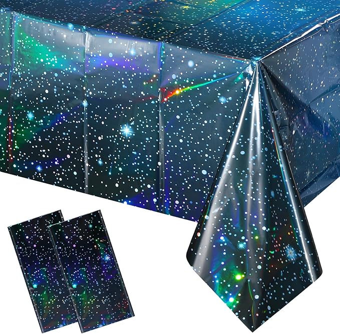 2Pcs Iridescent Space Tablecloths, Disposable Plastic Blue Galaxy Table Cloth Rectangle Table Covers for Space Starry Night Star Theme Party Birthday Party Decorations, 54x108 Inch