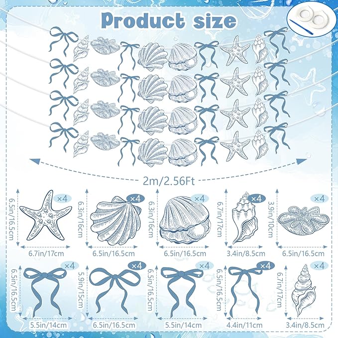 4 PACK Summer Banner Seashells Decor Party Decorations Party Supplies Birthday Decorations Blue Bow Starfish and Christmas Ornaments Under The Sea Paper Hanging Banner for Women Men Baby Showre