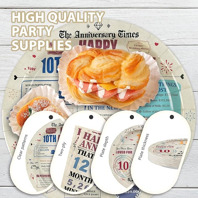 96Pcs 10th Anniversary Party Decorations Retro 10 Years Wedding Aday Plates and Napkins Happy 10th Anniversary Disposable Tableware Set for Vintage 10 Year Wedding Party Supplies Serves 24