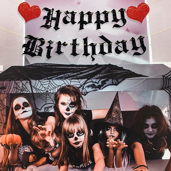 Pre-Strung Goth Birthday Decorations, No DIY Gothic Happy Banner Glitter Funeral Party Supplies
