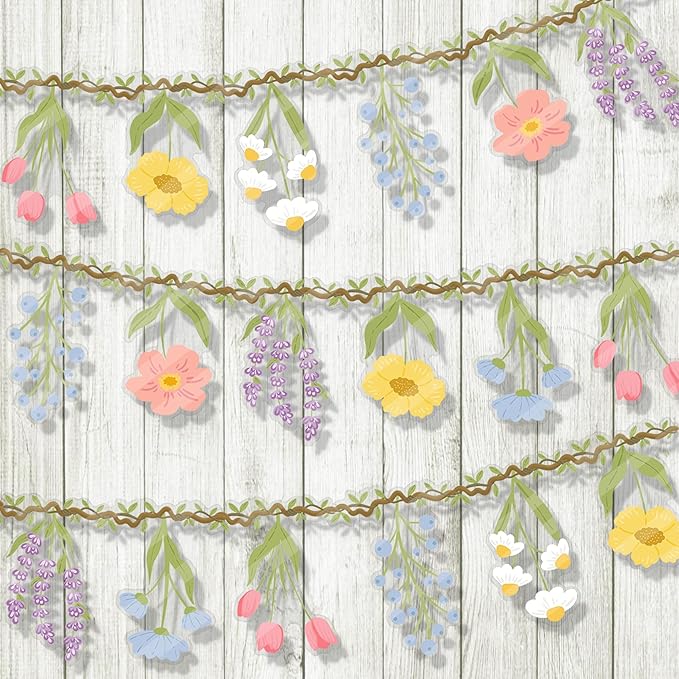 Flower Party Banner Wildflower Garland Spring Floral Party Decorations 2PCS Enchanted Garden Hanging Banner Decor for Flower Theme Wedding Wild One Birthday Baby Shower Valentine's Supplies