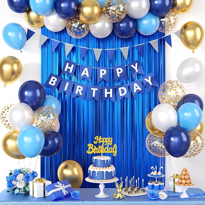 Navy Blue Birthday Decorations, Dark Happy Birthday Party Decorations With Metallic Gold Pearl White Light Blue Fringe Curtain Banner Cake Topper For Man Woman Party Supplies
