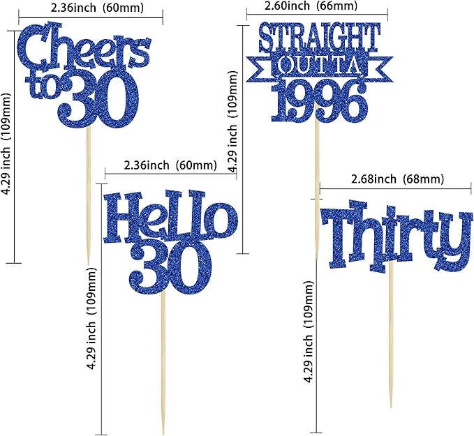 Ephlyn 24Pcs Happy 30th Birthday Cupcake Toppers Glitter Thirty Cupcake Picks Hello 30 Cheers to 30 Years Cake Decorations for 30th Birthday Anniversary Party Decorations Supplies Blue