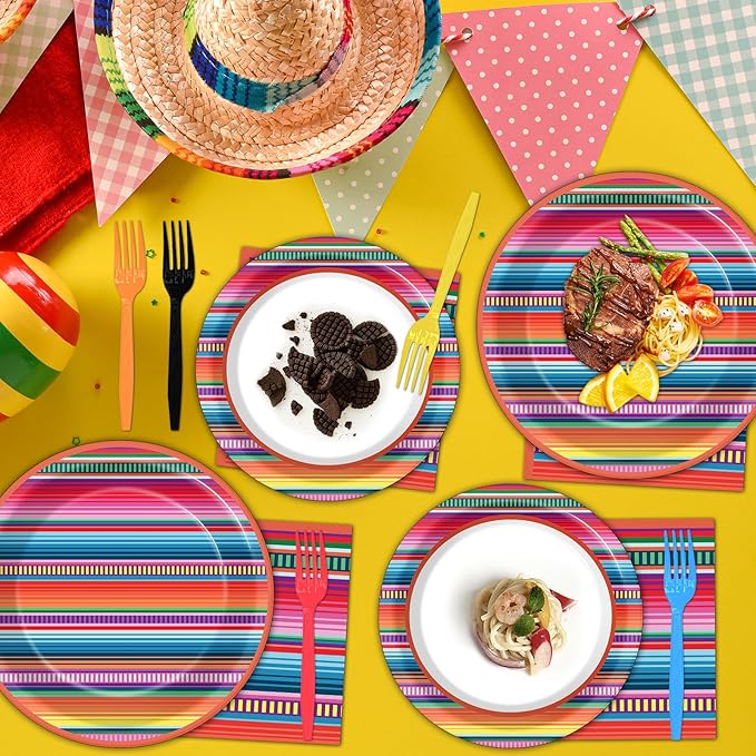 200PCS Mexican Paper Plates and Napkins Fiesta Taco Themed Party Supplies Mayo Mexican Party Decorations Serape Disposable Dessert Plates Dinner Tableware Set Stripe Mexico Dinnerware Favors