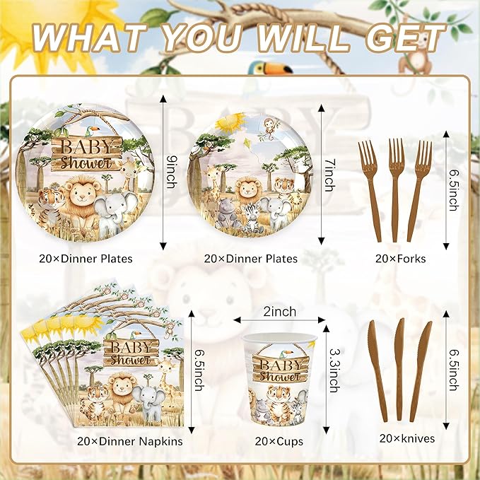 120 Pcs Safari Baby Shower Decorations Jungle Disposable Paper Plates Napkins Cups Themed Party Decorations Wild Animal Party Supplies