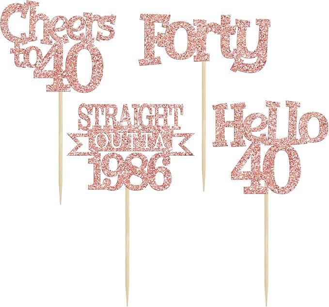 Ephlyn 24Pcs Happy 40th Birthday Cupcake Toppers Glitter Forty Cupcake Picks Hello 40 Cheers to 40 Years Birthday Cake Decorations for 40th Birthday Anniversary Party Supplies Rose Gold