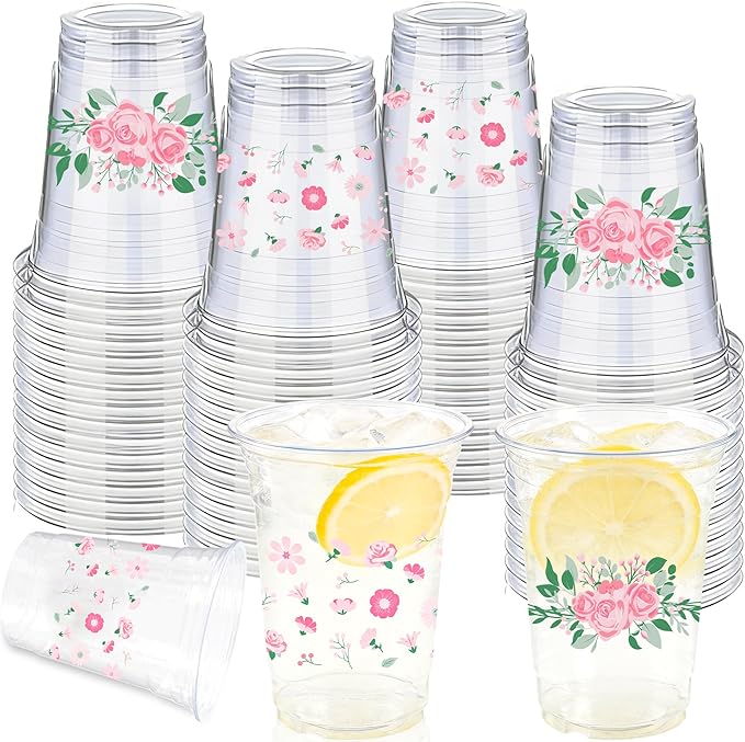 50 Pieces Floral Plastic Cups, 16 Oz Floral Clear Disposable Cups Bulk Flower Plastic Drinking Cup for Spring Summer Party Favor Flower Birthday Wedding Party Supplies