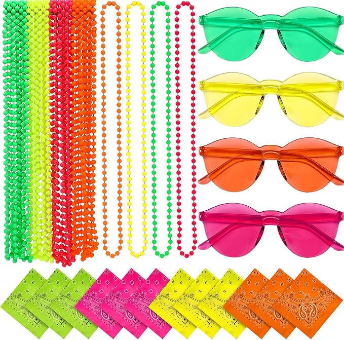 48 Pack Neon Theme Football Game Accessories Kit Homecoming Decorations-12 Bandanas, 12 Sunglasses, 24 Beaded Necklaces Bulk Neon Party Favors for Sports Events School Spirit Game Week Day