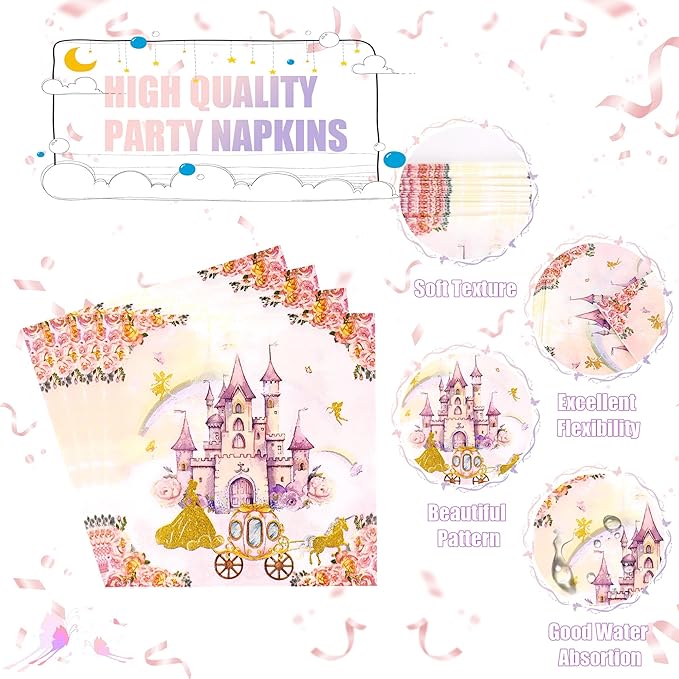 CANREVEL 96 PCS Princess Party Plates Serve 24, Princess Plates and Napkins Forks Set, Disposable Tableware for Birthday Supplies Party Decorations for Grils Kids Women