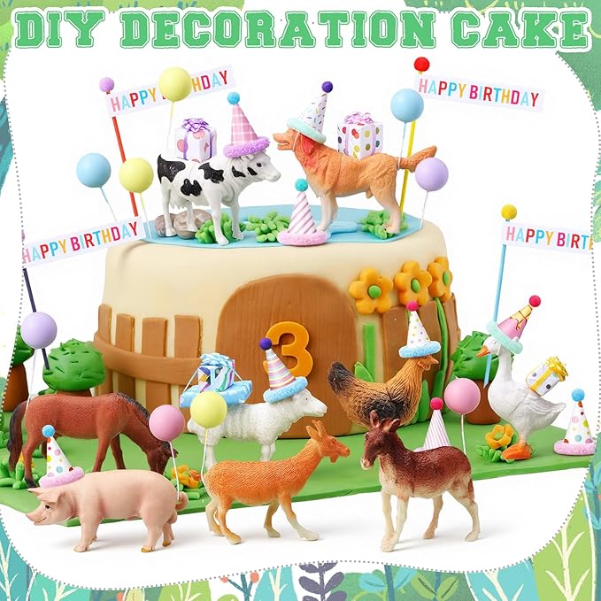 Weysat 37 Pcs Farm Animal Birthday Party Decorations, Farm Cake cupcake Toppers with Mini Hats Miniature Flags Gift Boxes Balls Bows Figure Models for Farmhouse Birthday Party Decor Supplies Adults