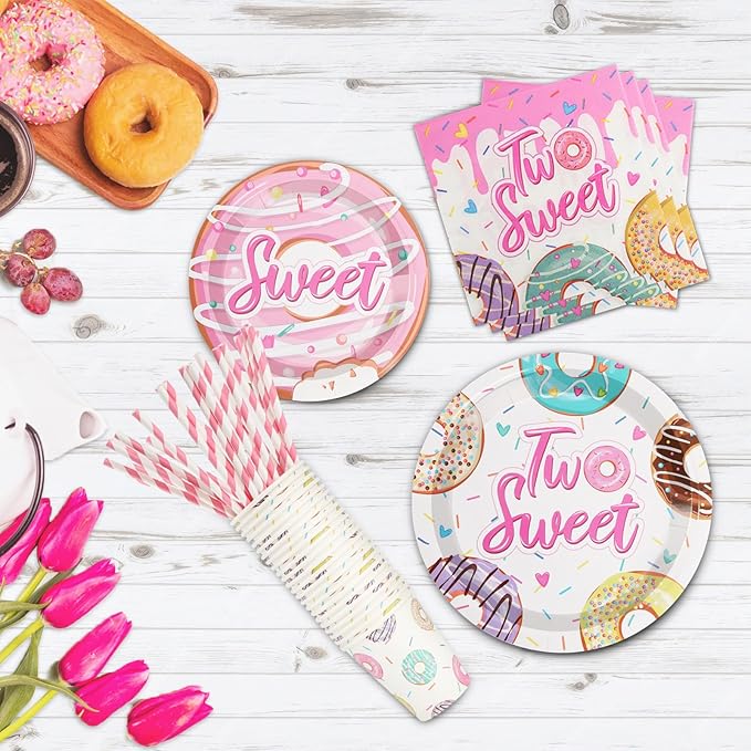 Two Sweet Donut Birthday Party Decorations, 120Pcs Donut Themed 2nd Birthday Donut Party Supplies Disposable and Delightful Tableware Includes Paper Plates, Napkins, Cups and Straws | Serves 24