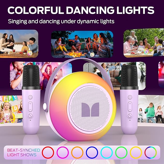 Monster Mini Karaoke Machine for Kids Adults, Portable Bluetooth Speakers with 2 Wireless Microphones and Lights, Christmas Birthday Gifts Toys for Girls Boys 4, 5, 6, 7, 8, 9, 10, 12+ Toddler