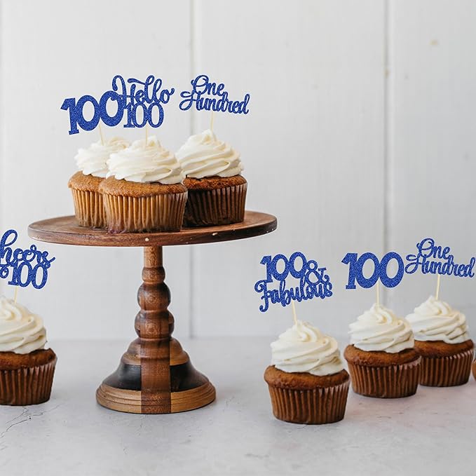 30Pcs Happy 100th Birthday Cupcake Toppers Deep Blue Glitter One Hundred Cheers to 100 Years Old Birthday Cupcake Picks for 100th Wedding Anniversary Party Cake Decorations