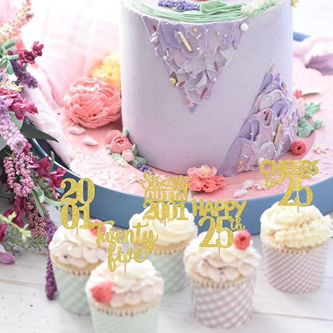 30PCS Straight Outta 2001 Cupcake Toppers Gold Glitter Twenty Five Happy 25th Birthday Cupcake Picks Cheers to 25 Years Cake Decorations for 25th Birthday Anniversary Party Decoration Supplies