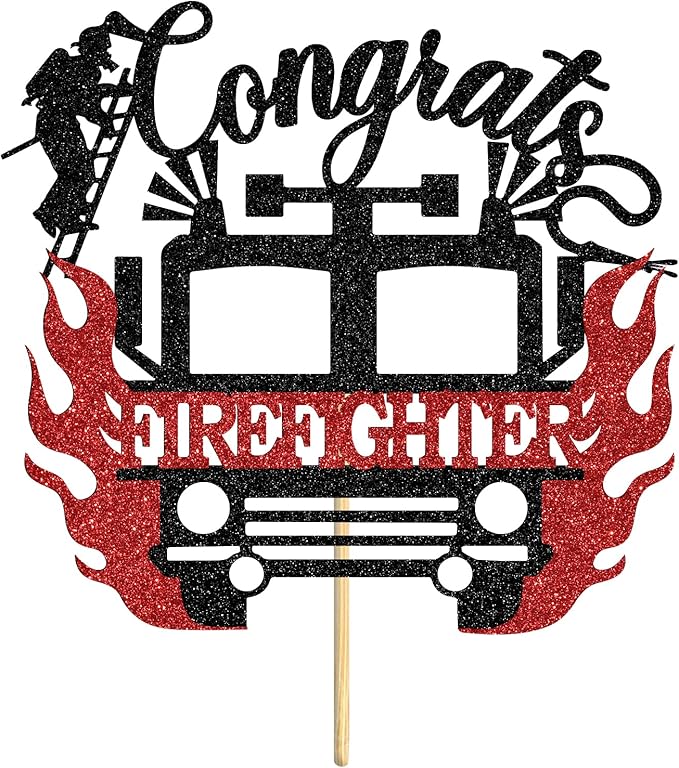Congrats Firefighter Cake Topper, Congrats Grad/Future Fireman, Fire Academy Graduation Party Decoration Supplies, Black and Red Glitter
