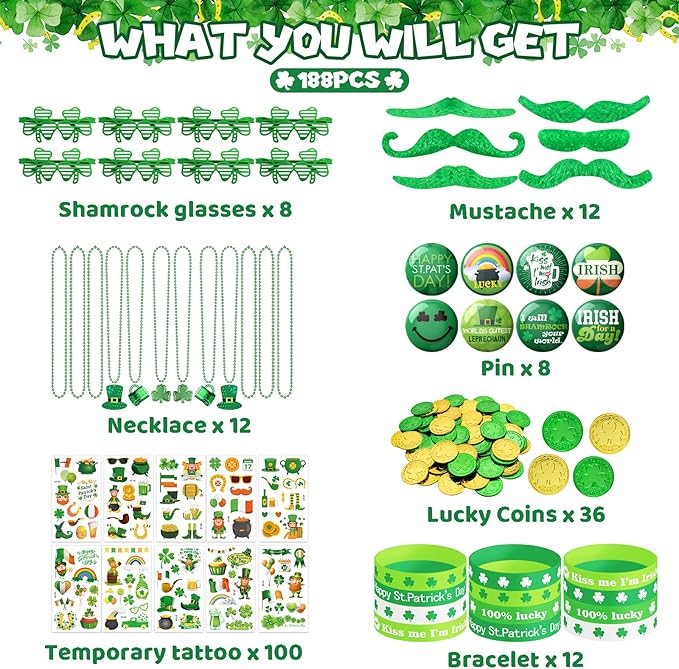 188Pcs St. Patrick's Day Accessories Party Favor Set, Necklaces, Shamrock Glasses, Mustaches, Bracelets, Badges, Tattoo Stickers, Coins for Irish Party Supplies
