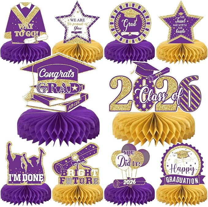 10PCS Graduation Party Decorations Class of 2026 Congrats Grad Table Centerpieces Congratulate Graduation Honeycomb Table Toppers for Graduation Party Supplies(Pueple Gold)