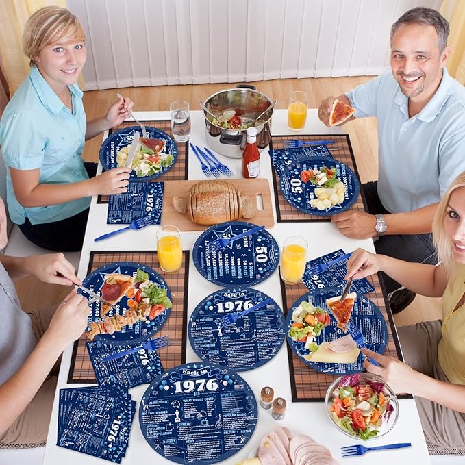 96Pcs 50th Birthday Party Paper Plates and Napkins 50th Birthday Supplies for Men and Women Disposable Dessert Plates Back in 1976 Blue Silver Tableware 1976 Birthday Gatherings Decorations