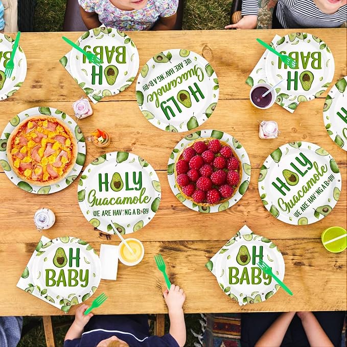 96Pcs Avocado Baby Shower Decorations Baby On The Way Plates and Napkins Disposable Green Holy Guacamole Themed Tableware for Baby Avocado Baby Shower Gender Reveal Party Supplies Serves 24