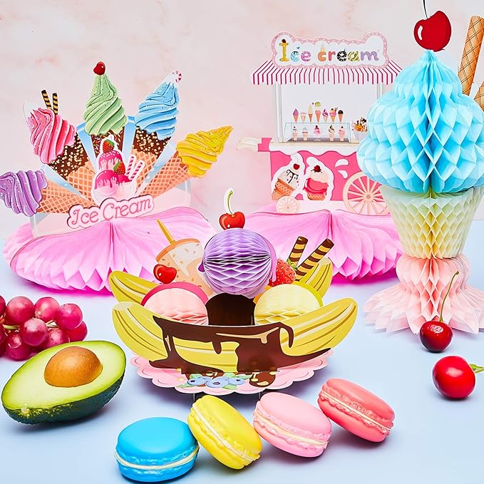 Outus 6 Pieces Table Centerpiece Tissue Honeycomb Table Centerpieces for Theme Party Decorations Supplies Birthday Baby Shower(Ice Cream)