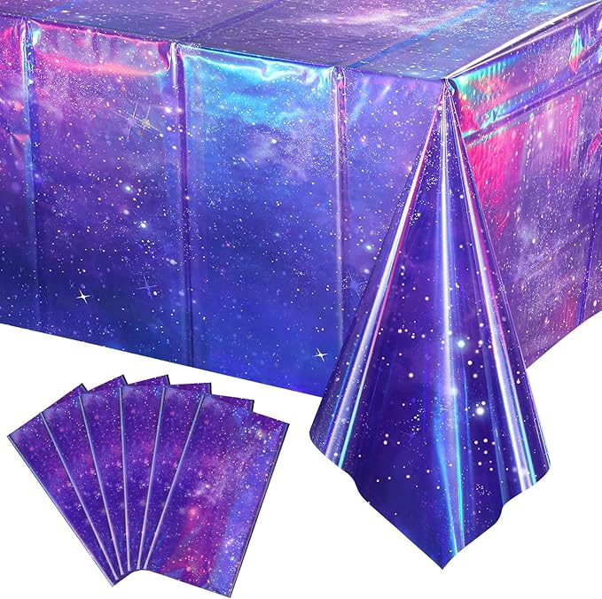 6Pcs Iridescent Space Tablecloths, Disposable Plastic Purple Galaxy Table Cloth Rectangle Table Covers for Space Starry Night Star Theme Party Birthday Party Decorations, 54x108 Inch