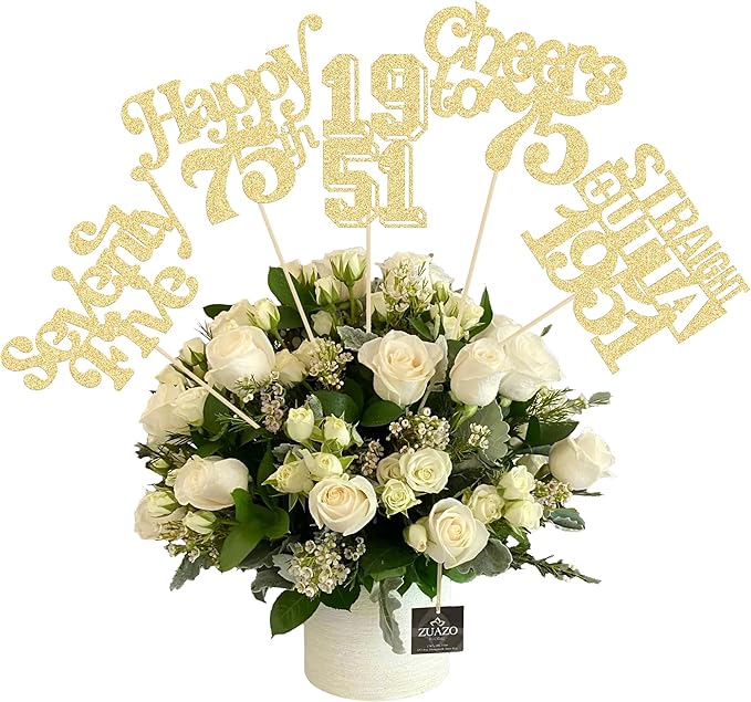 Gyufise 15Pcs Happy 75th Birthday Centerpiece Sticks Seventy Straight Outta 1951 Table Flower Centerpieces Sticks Decorations for Cheers to 75th Birthday Party Supplies Gold