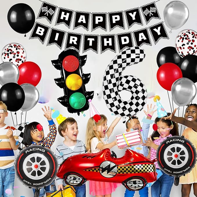 Race Car Birthday Party Decorations, with 40 Inch Number 6 Balloon, Happy Birthday Banner, Traffic Light and Foil Tire Balloon for 6th Car Themed Birthday Party Supplies
