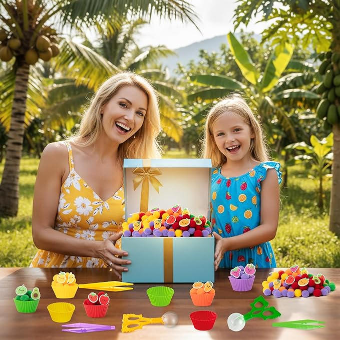 EZdhuawuse Summer Sensory Bin Fillers - 268P Summer Fruit Fine Motor Toys Counting Sorting for Kids, Color Sorting Set with Felt Banana Pom Poms Cup Clip for Preschool Education Birthday Party Favors