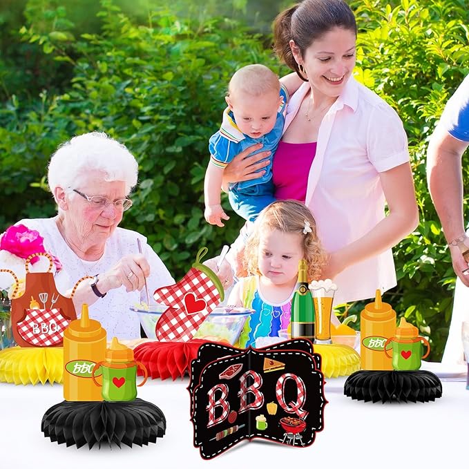 Cholemy 11 Pcs BBQ Party Decorations Honeycomb Centerpieces, Red Gingham Table Toppers for Summer Picnic, Baby Q Shower, Backyard Barbecue Birthday, Carnival Cookout Theme Supplies & Favors