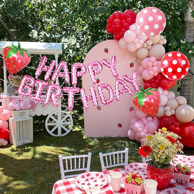 29PC Strawberry Happy Birthday Balloon Banner, 16Inch 3D Aluminum Letter Banner Sign, Red Hot Pastel Pink Printed Balloons 18 Inch Round Dot Foil Balloon for Fruit Strawberry Party Decoration