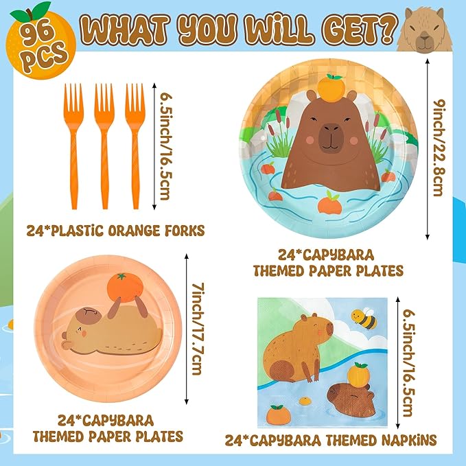 96Pcs Capybara Cute Cartoon Animal Orange Party Plates Supplies Tableware Decorations Disposable Paper Plates Napkins Forks for Kids Birthday Baby Shower, Serves 24