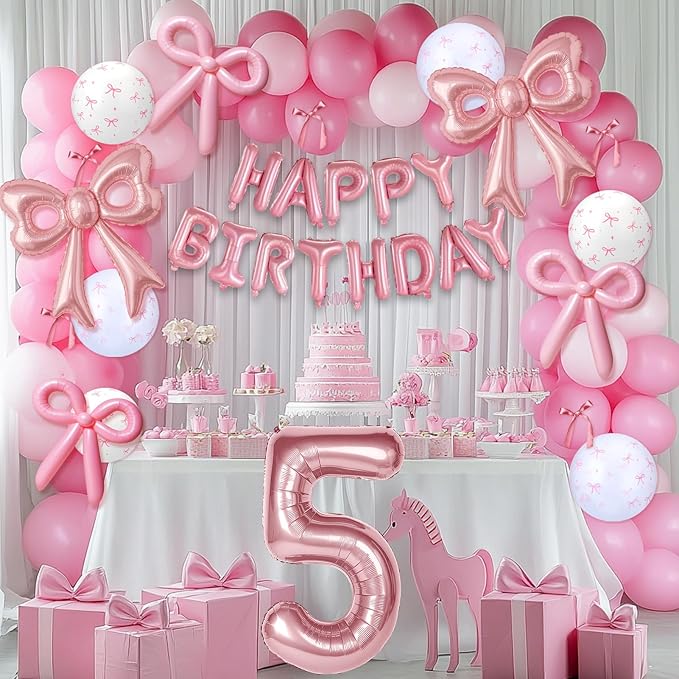 Bow Number 5 Birthday Balloons, 40" Pink Aluminum Foil Balloons Happy Birthday Balloon for Girl 5th Birthday Party, Princess, Coquette Party Decorations Supplies