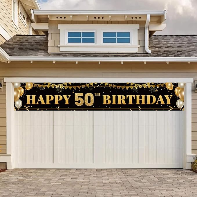 Large Happy 50th Birthday Decoration Banner, Black and Gold Happy 50th Birthday Banner Sign, 50th Birthday Party Decorations Supplies(9.8x1.6ft)